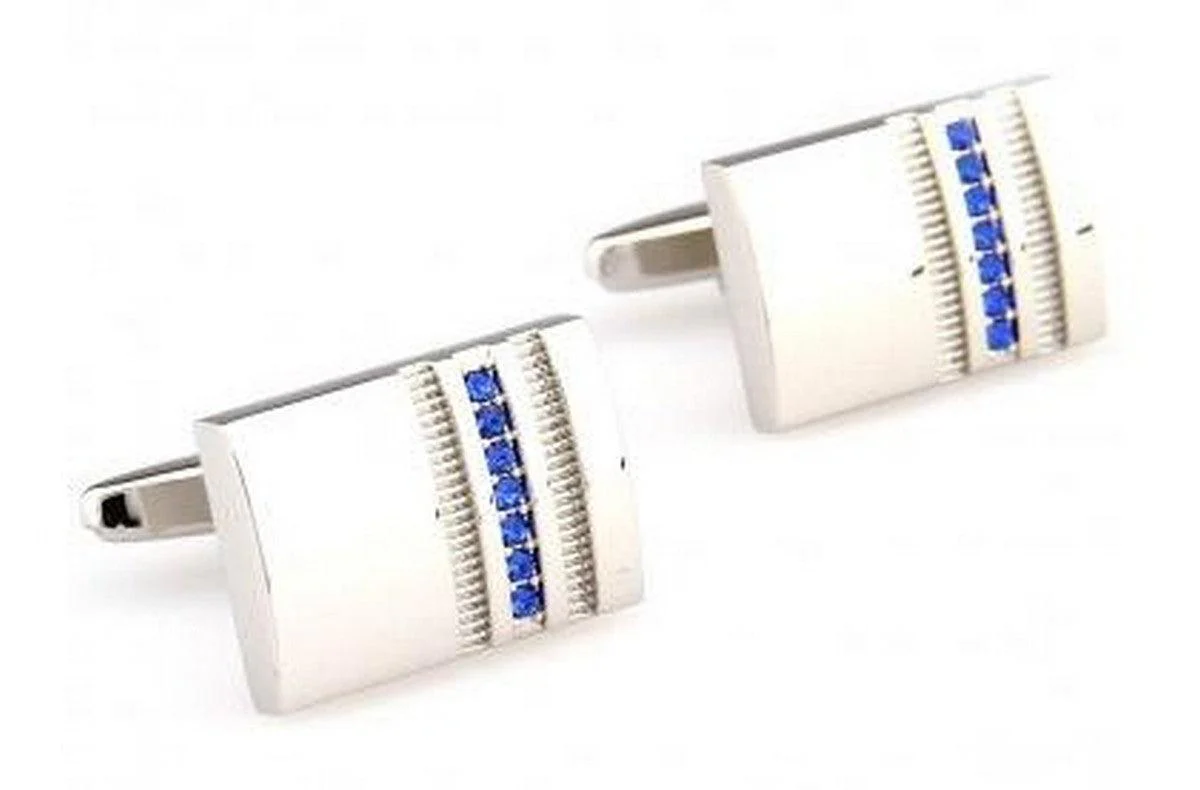 silver rectangular cufflinks with blue crystal stone