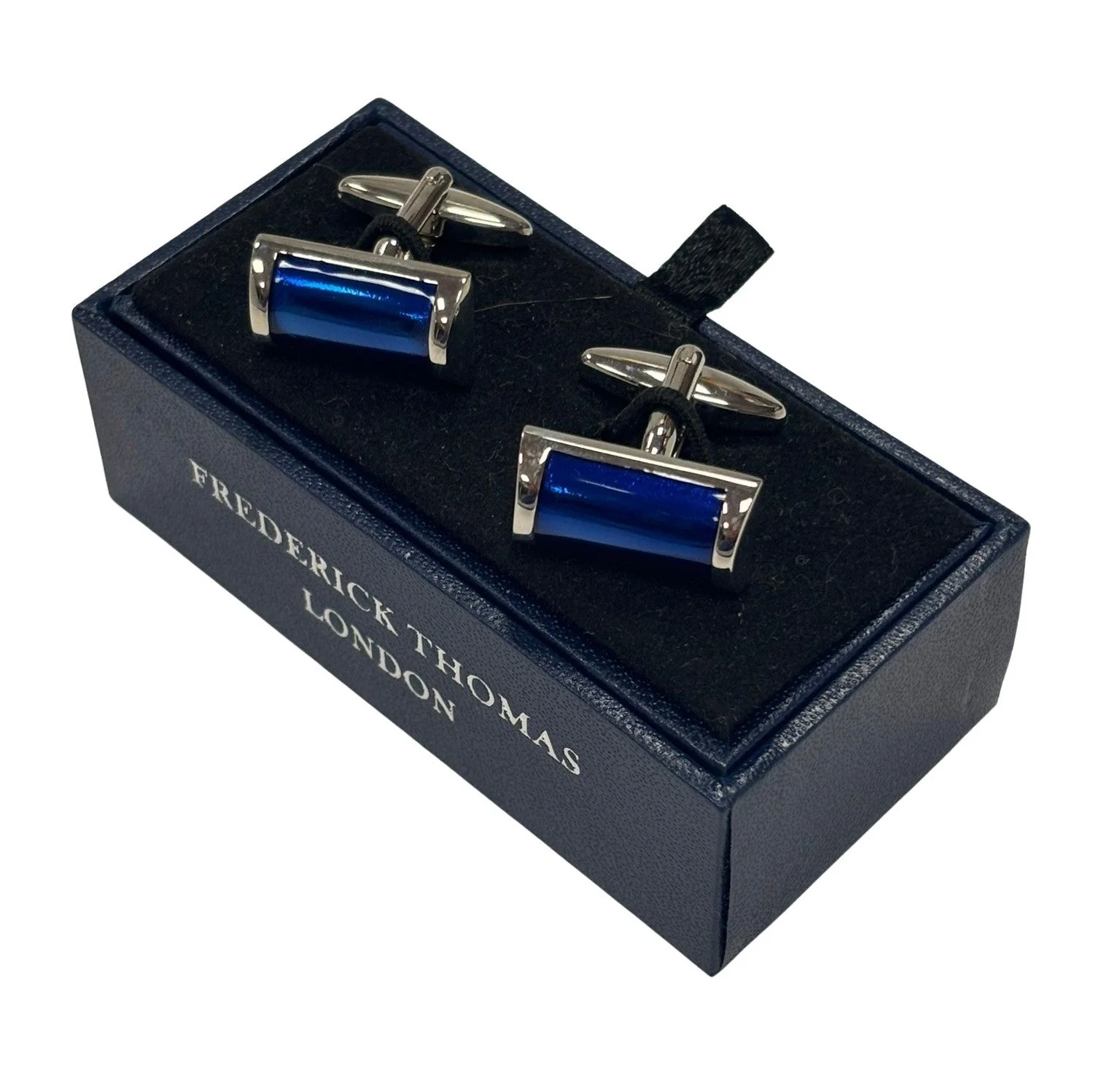 silver rectangular cufflinks with blue stone - Image 3