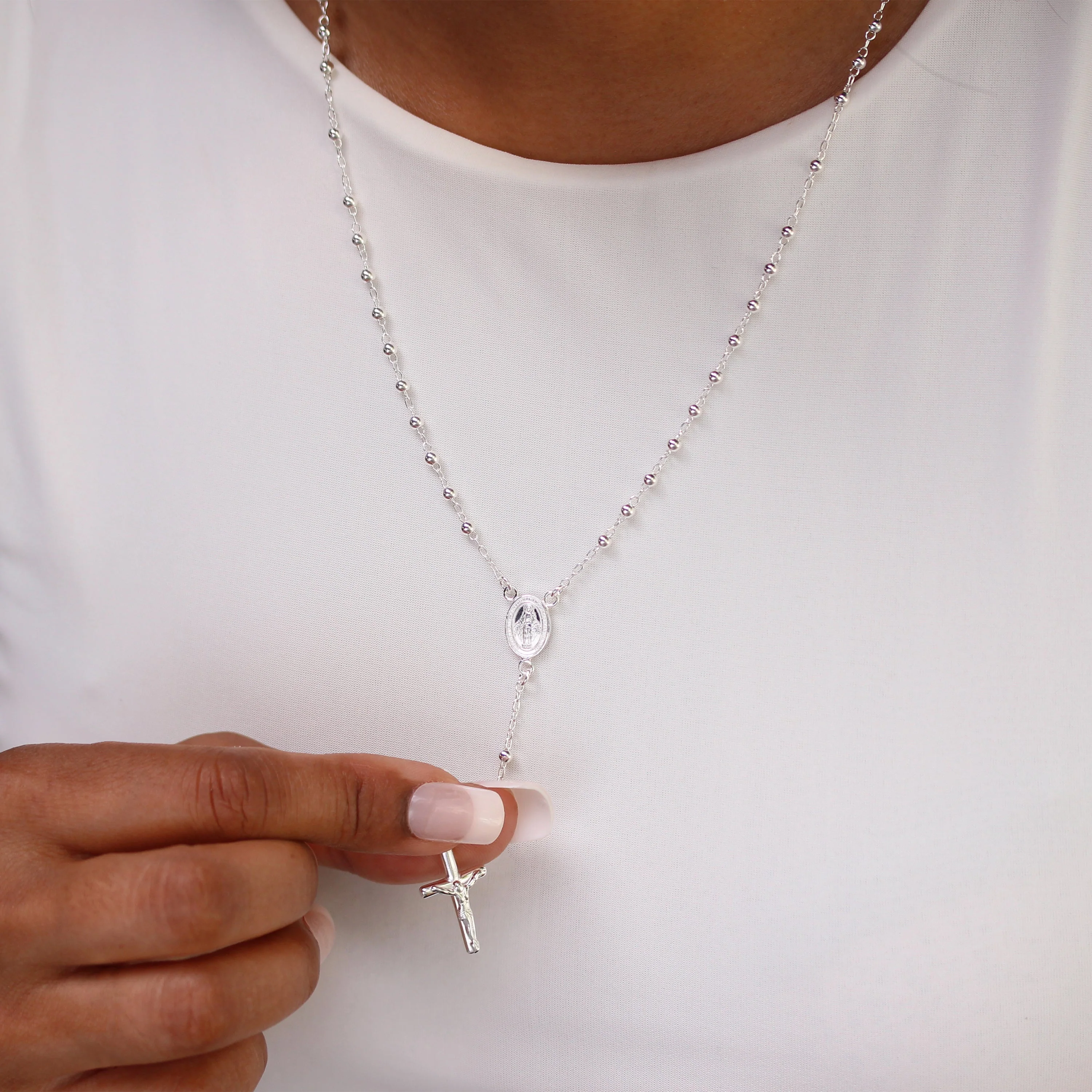Sterling Silver Rosary Bead Necklace - 20 Inches - Image 2