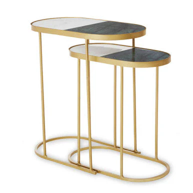 Set of 2 Marble Top Nesting Side Tables with Slim Antique Brass Finish Geometric Base, Suar - Image 2