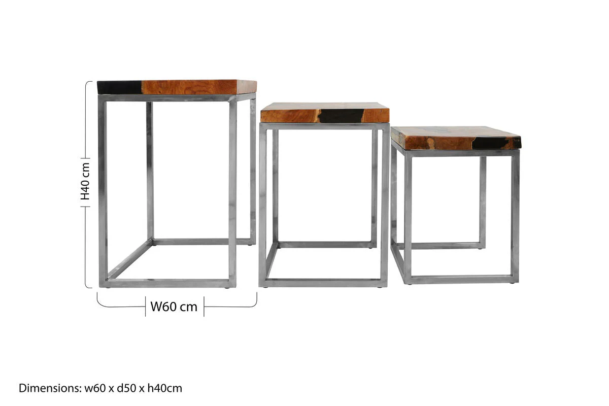 Set of 3 Black and Natural Teak Wood Nesting Tables with Silver Metal Frame, Surak - Image 10