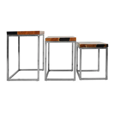 Set of 3 Black and Natural Teak Wood Nesting Tables with Silver Metal Frame, Surak - Image 2