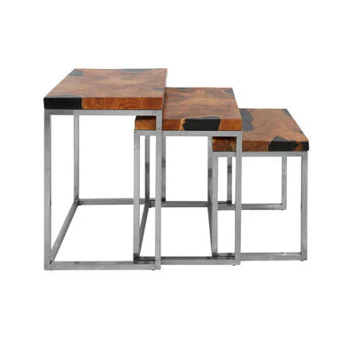 Set of 3 Black and Natural Teak Wood Nesting Tables with Silver Metal Frame, Surak - Image 4