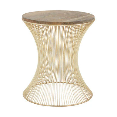 Natural Solid Rustic Wood Top Side Table with Gold Finish Metallic Hourglass Base, Templar - Image 2