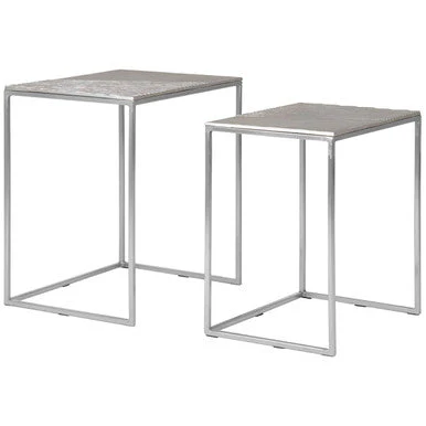 Silver Nickel Set of Two Rectangular Nesting Tables with Textured Aluminium Tops and Sleek Iron Frame, Templar - Image 2