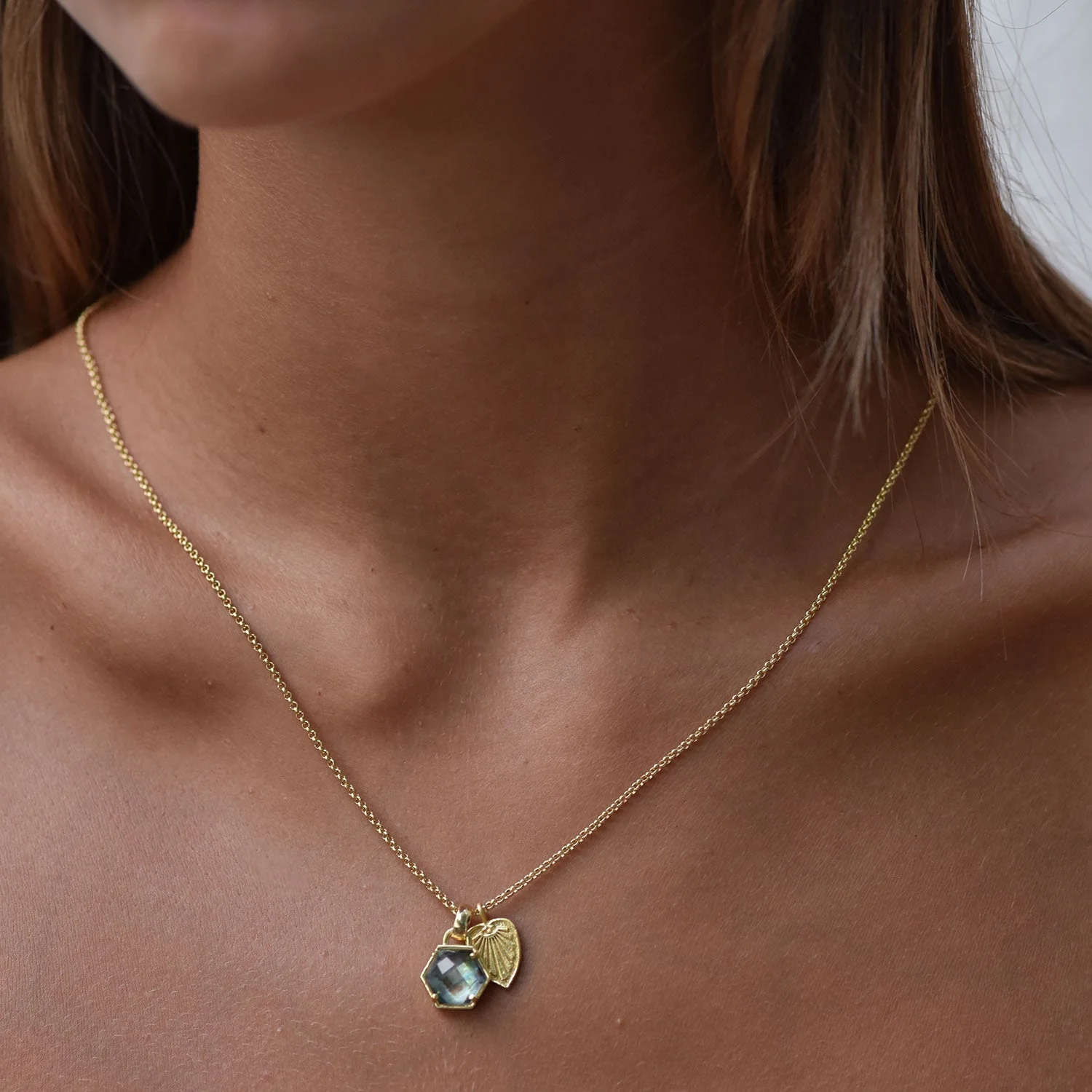 Thea Hexagon Gemstone and Palm Leaf Charm Necklace Peach Moonstone - Image 2