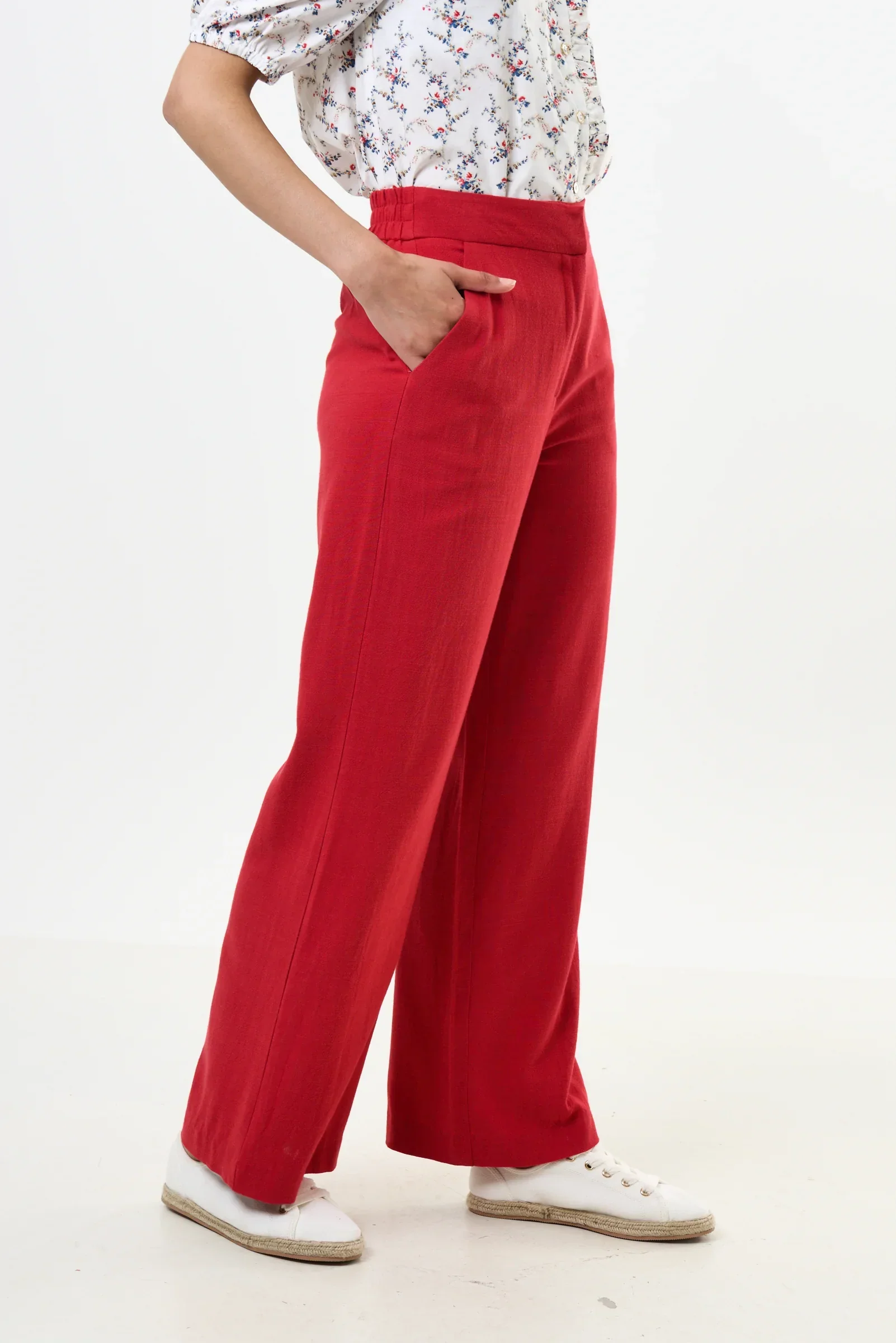 Tilde Linen Mix Wide Leg Trousers - Red - Image 3