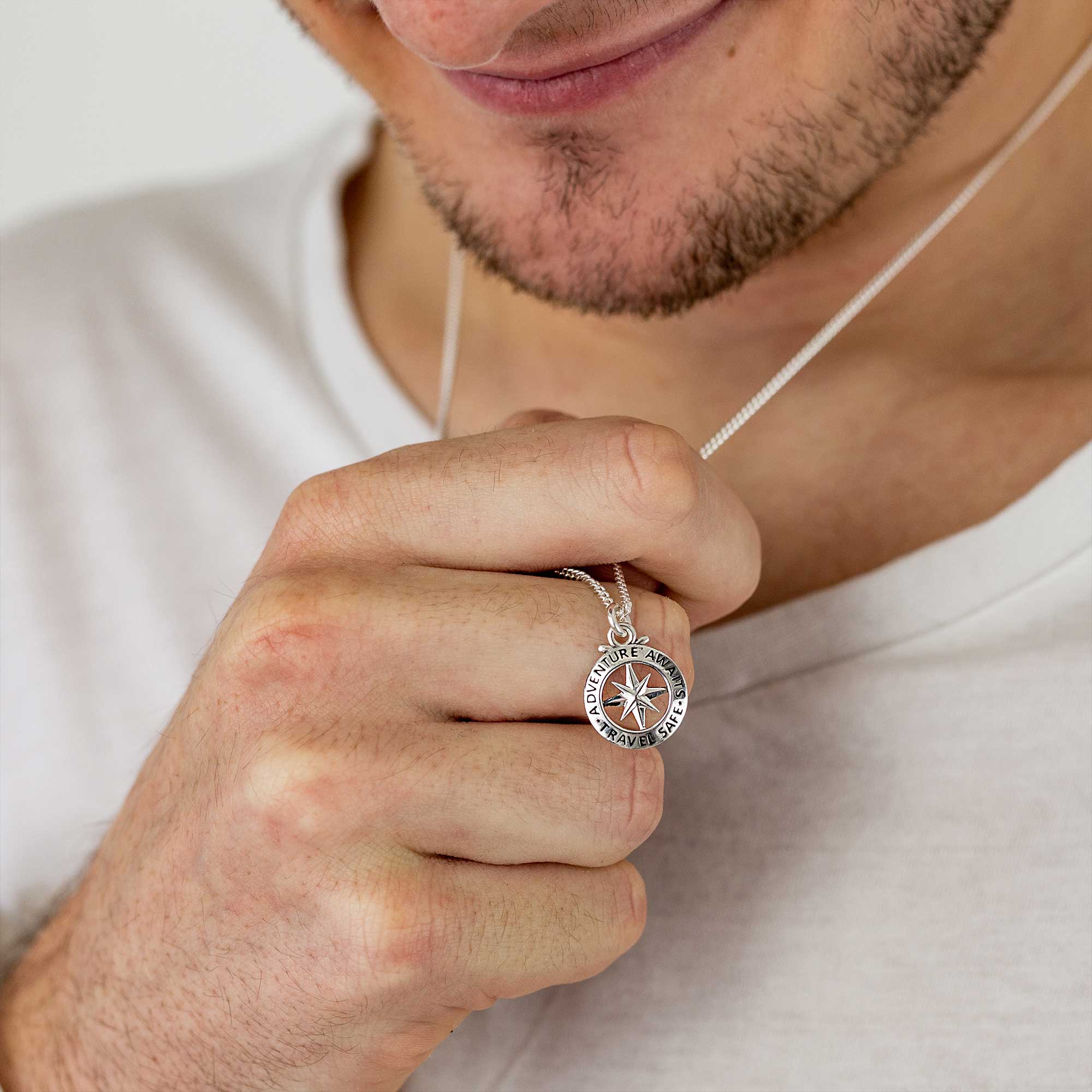 Travel Safe Outline Compass Small St Christopher Silver Necklace - Image 3