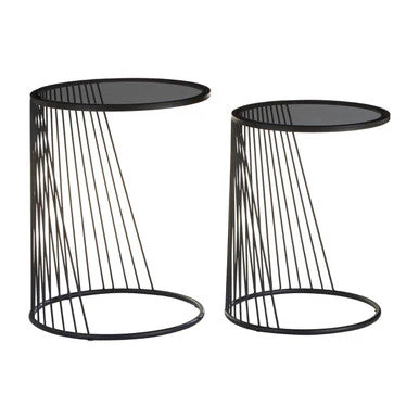 Set of 2 Grey Glass Top Nesting Side Tables with Black Metal Wire Frame, Trento - Image 4