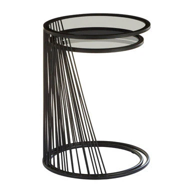 Set of 2 Grey Glass Top Nesting Side Tables with Black Metal Wire Frame, Trento - Image 5
