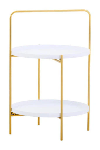 White Rounded Shelves Two-Tier Side Table with Gold Iron Stand, Trosa - Image 4