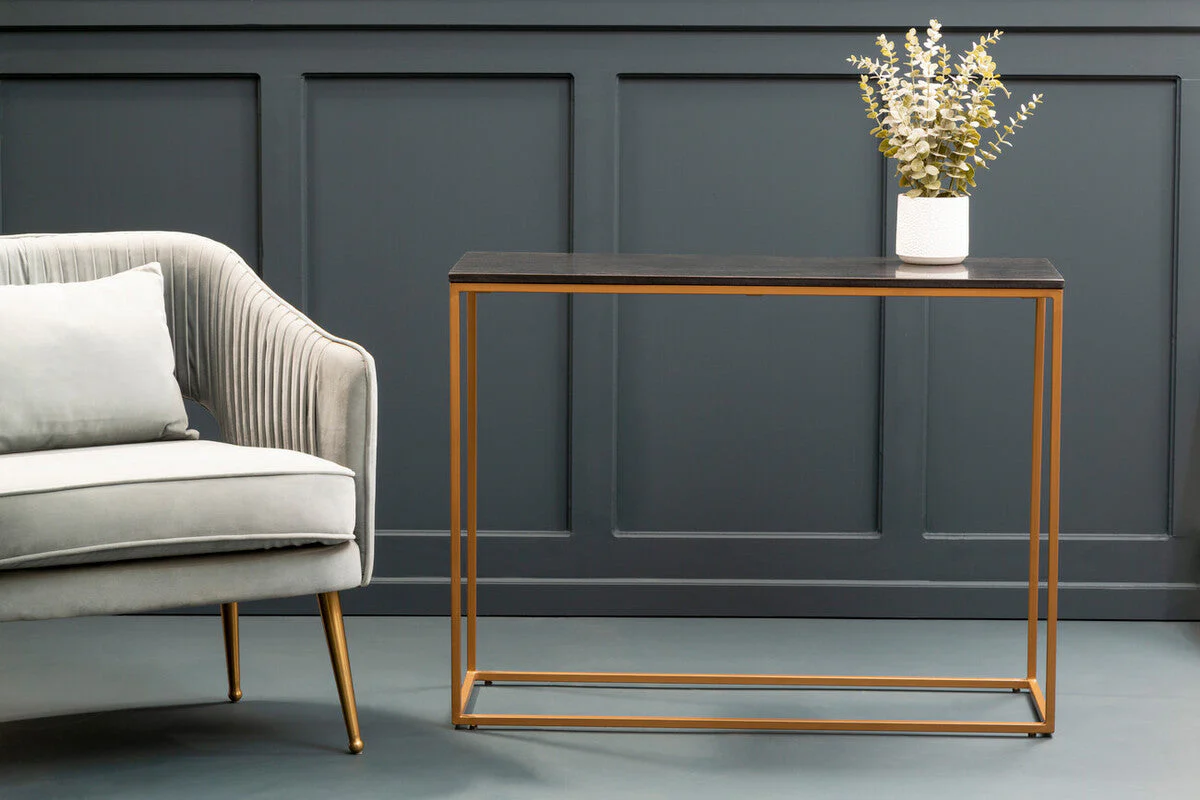 Black Marble Top Console Table with Matte Gold Metal Frame, Varana - Image 3