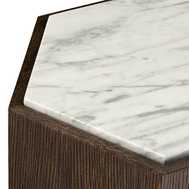Dark Oak Hexagon Wood Side Table with White and Grey Marble Top and Gold Finish Metallic Base, Villi - Image 5