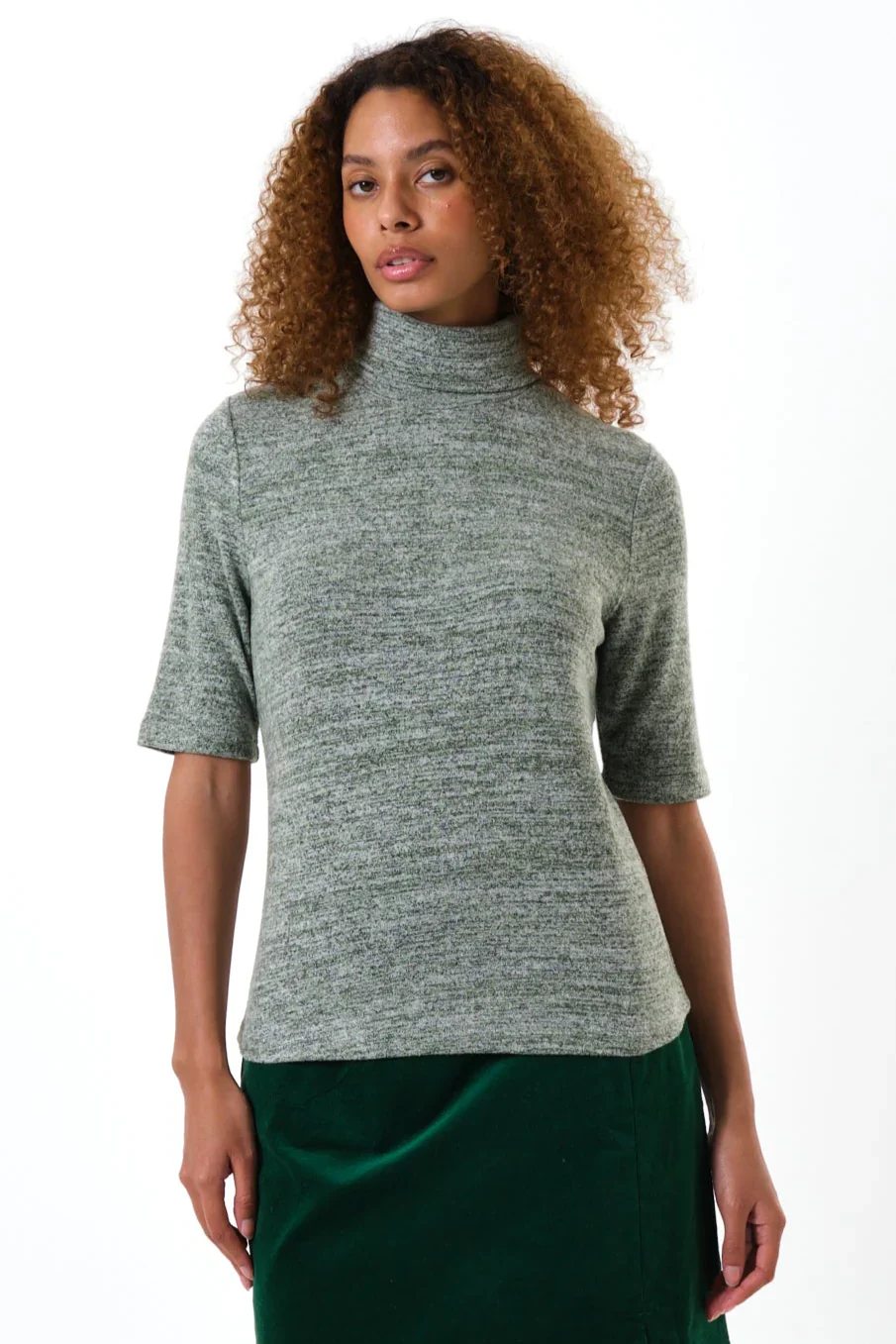 Vista Soft Marl Polo Neck Short Sleeve Top - Green