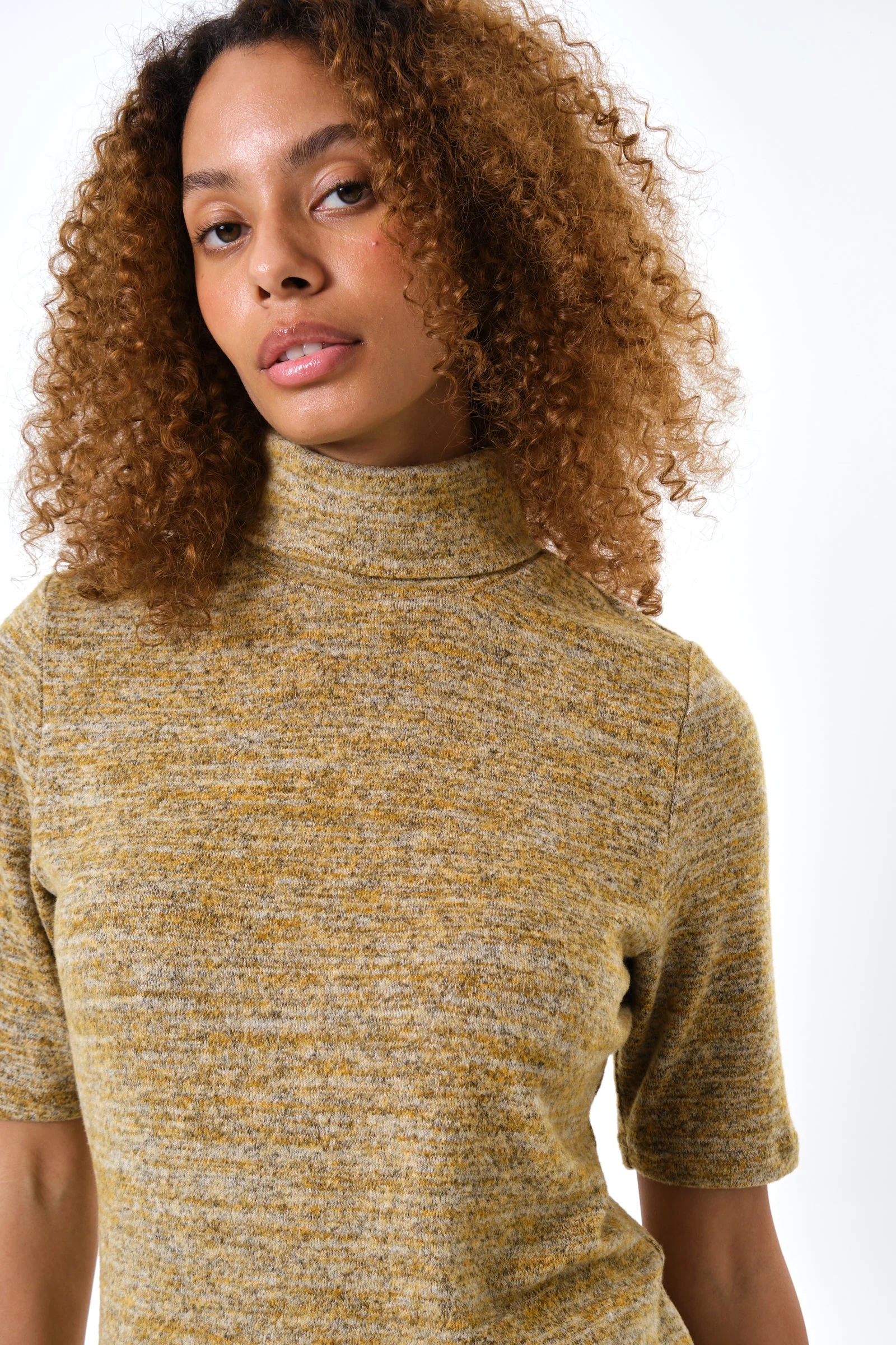 Vista Soft Marl Polo Neck Short Sleeve Top - Mustard - Image 2