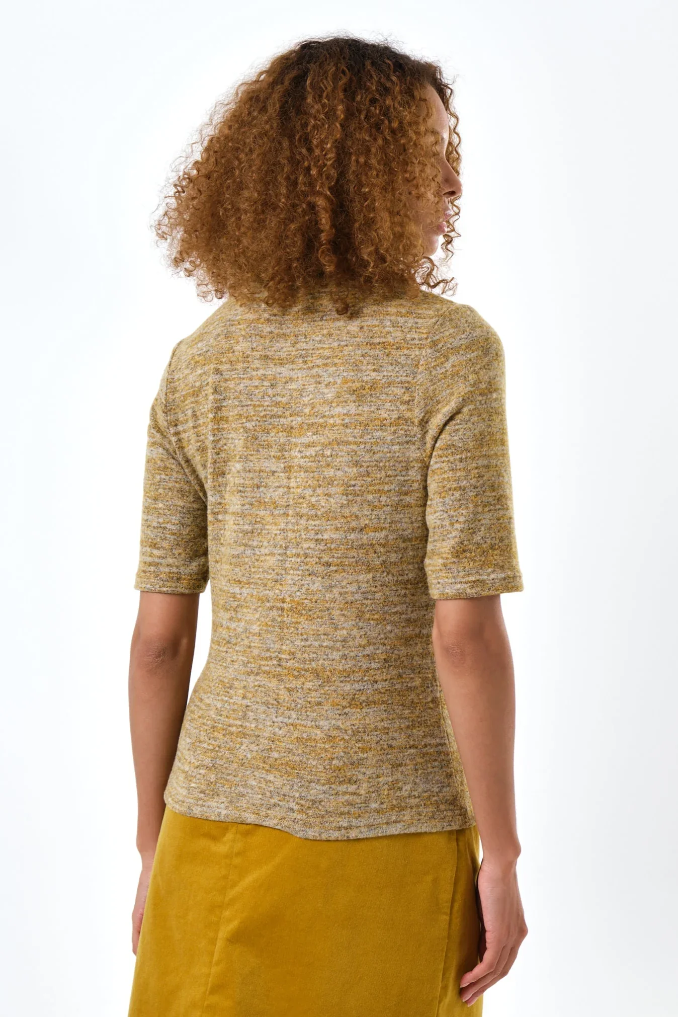Vista Soft Marl Polo Neck Short Sleeve Top - Mustard - Image 4