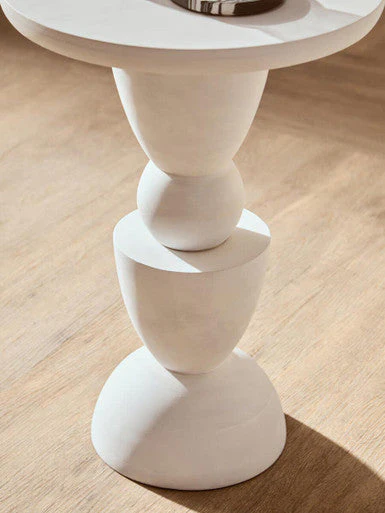 Whitewash Mango Wood Round Top Side Table with Sculptural Pedestal Base, Walsa - Image 5