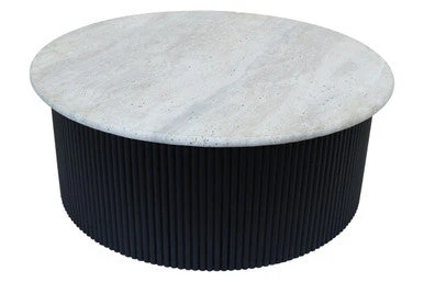 Cream Polished Travertine Top Coffee Table with Ridged Black Acacia Wood Drum Base, Walton - Image 3