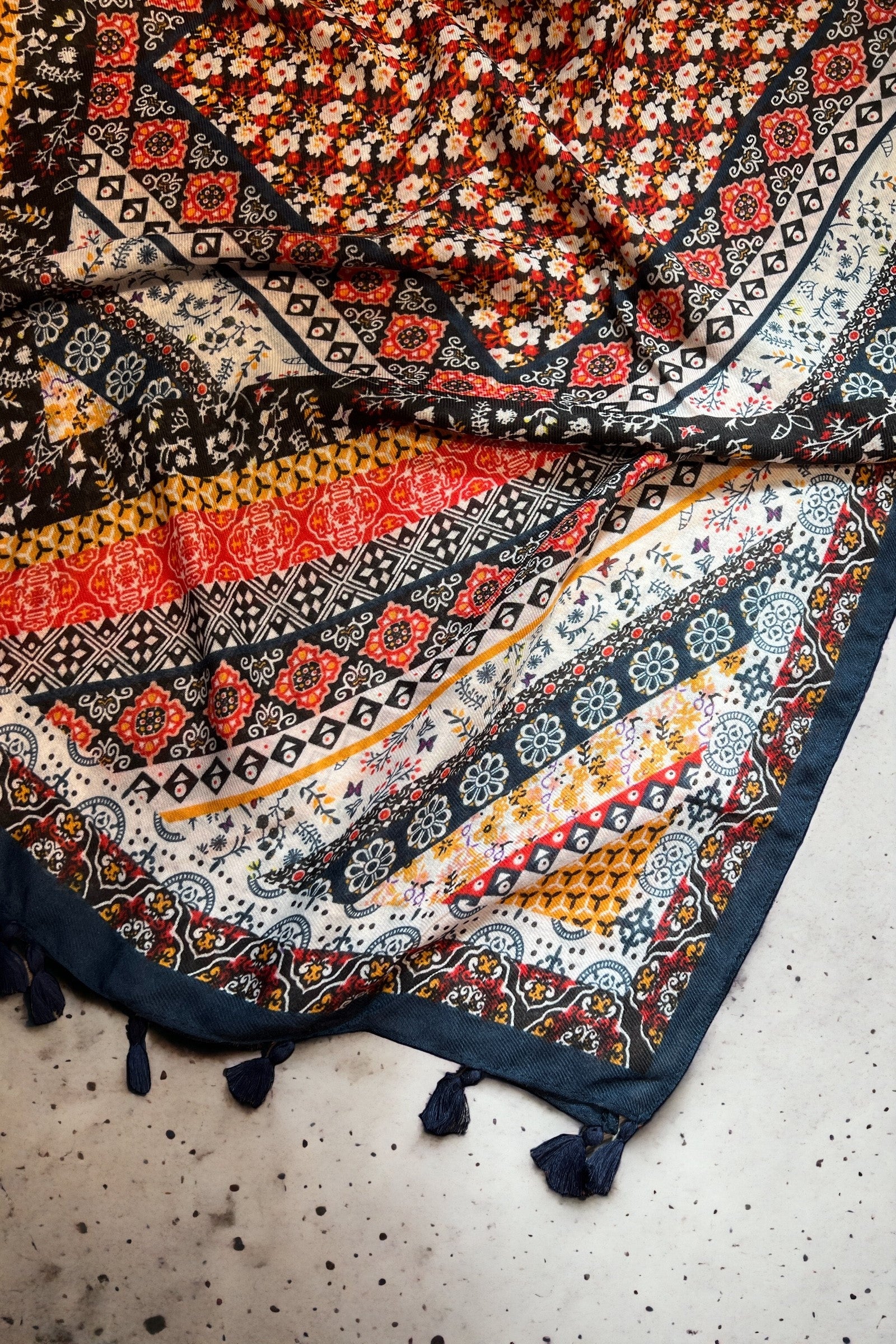 Weston Boho Floral Scarf in Red and Navy - Image 3