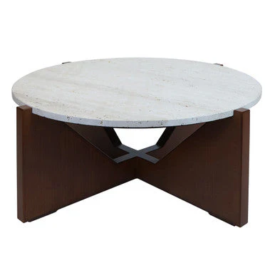 Cream Travertine Top Coffee Table with Brown Acacia Wood Geometric Frame, Walton - Image 4