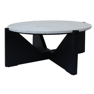 Cream Travertine Top Coffee Table with Black Acacia Wood Geometric Frame, Walton - Image 6