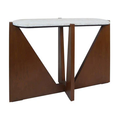 Cream Travertine Top Console Table with Brown Acacia Wood Frame, Walton - Image 3