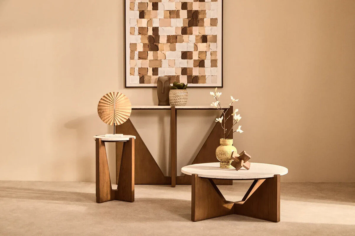 Cream Travertine Top Console Table with Brown Acacia Wood Frame, Walton - Image 4
