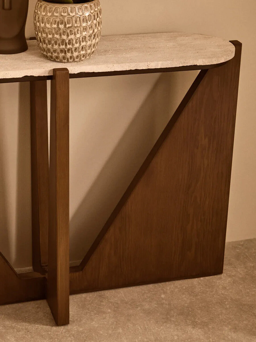 Cream Travertine Top Console Table with Brown Acacia Wood Frame, Walton - Image 6