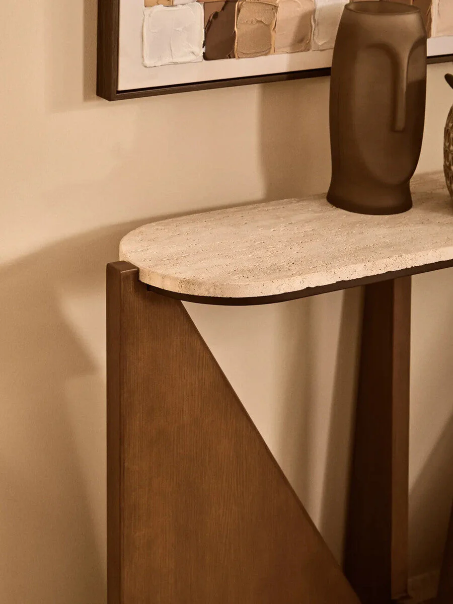 Cream Travertine Top Console Table with Brown Acacia Wood Frame, Walton - Image 7