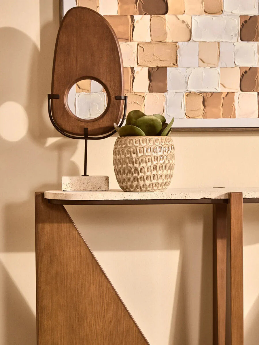 Cream Travertine Top Console Table with Brown Acacia Wood Frame, Walton - Image 9