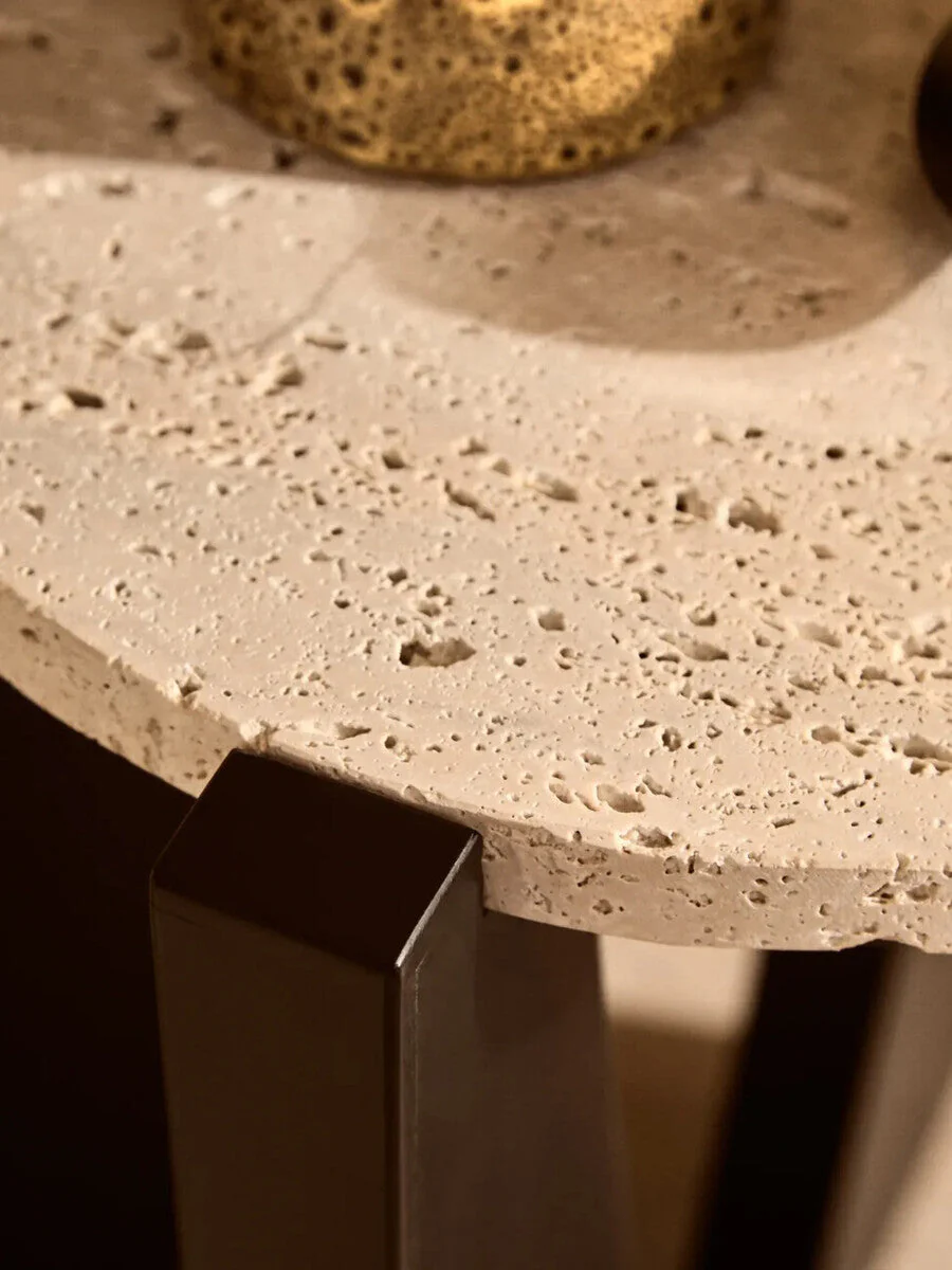 Cream Travertine Top Side Table with Black Acacia Wood Geometric Frame, Walton - Image 9