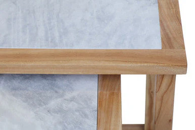 Set of 2 Small White Marble Top Nesting Side Tables with Natural Wood Frames, Womad - Image 3