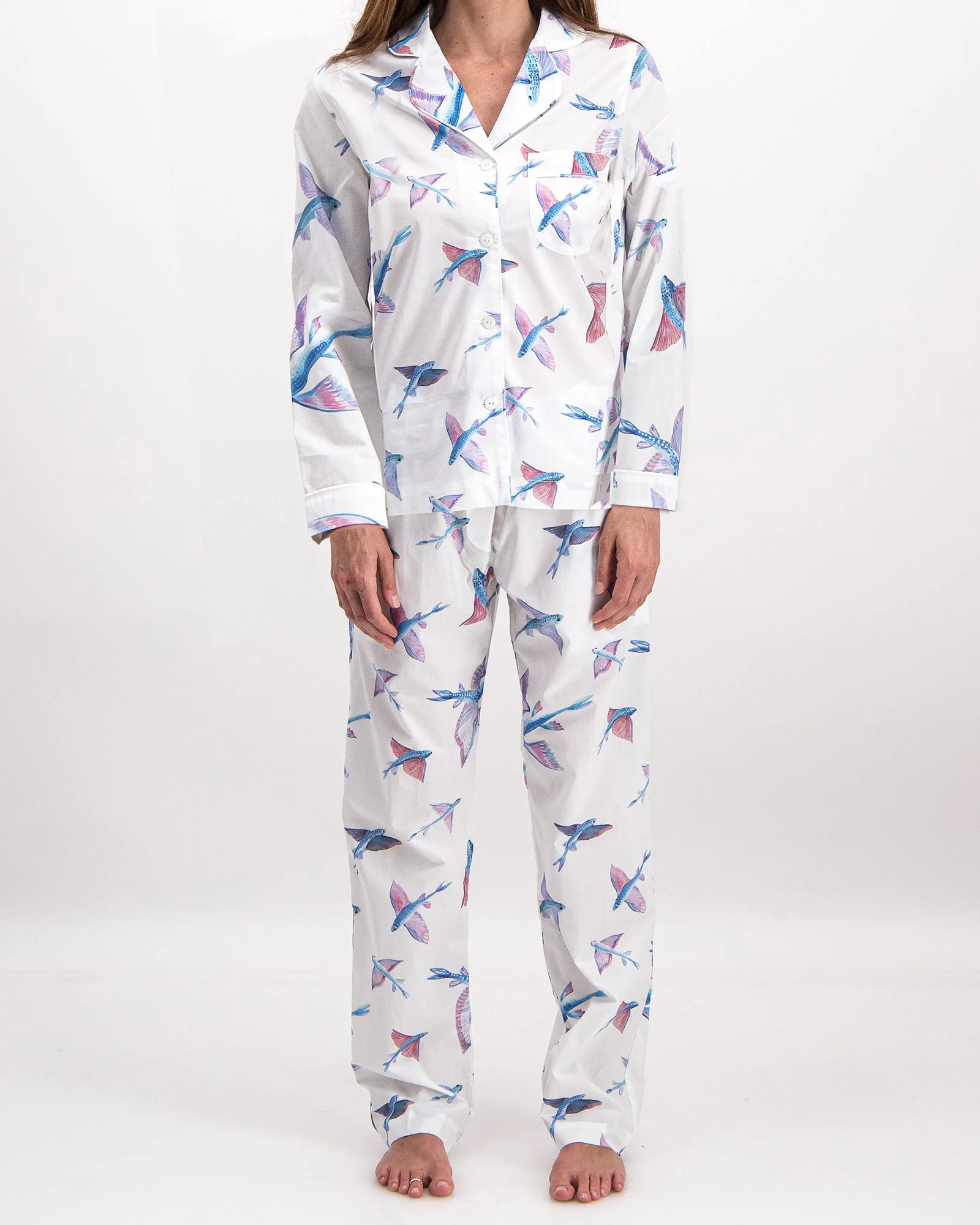 Womens Long Pyjamas - Flying Fish White
