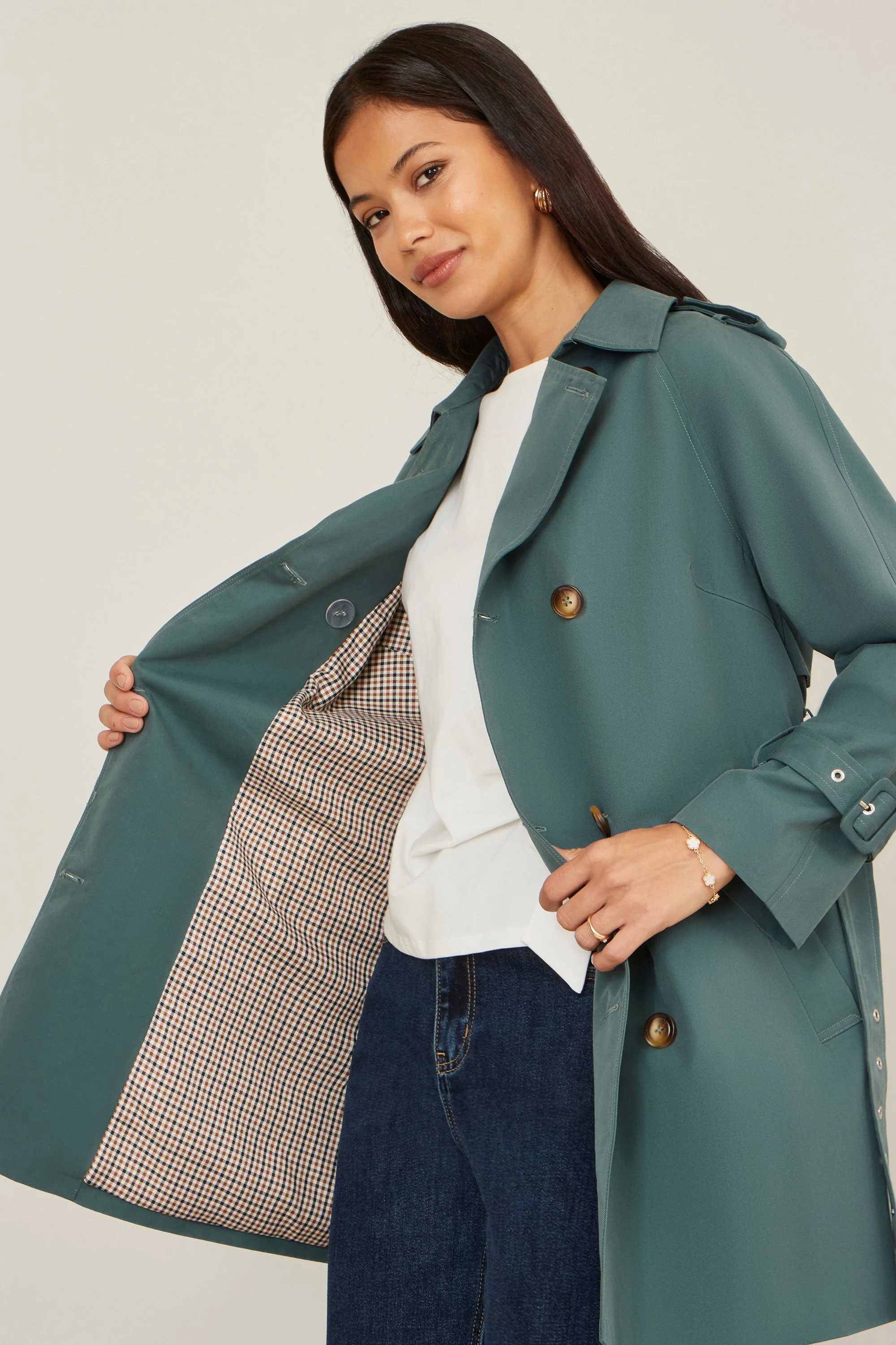 Yumi Blue Belted Trench Coat With Check Lining - Image 3