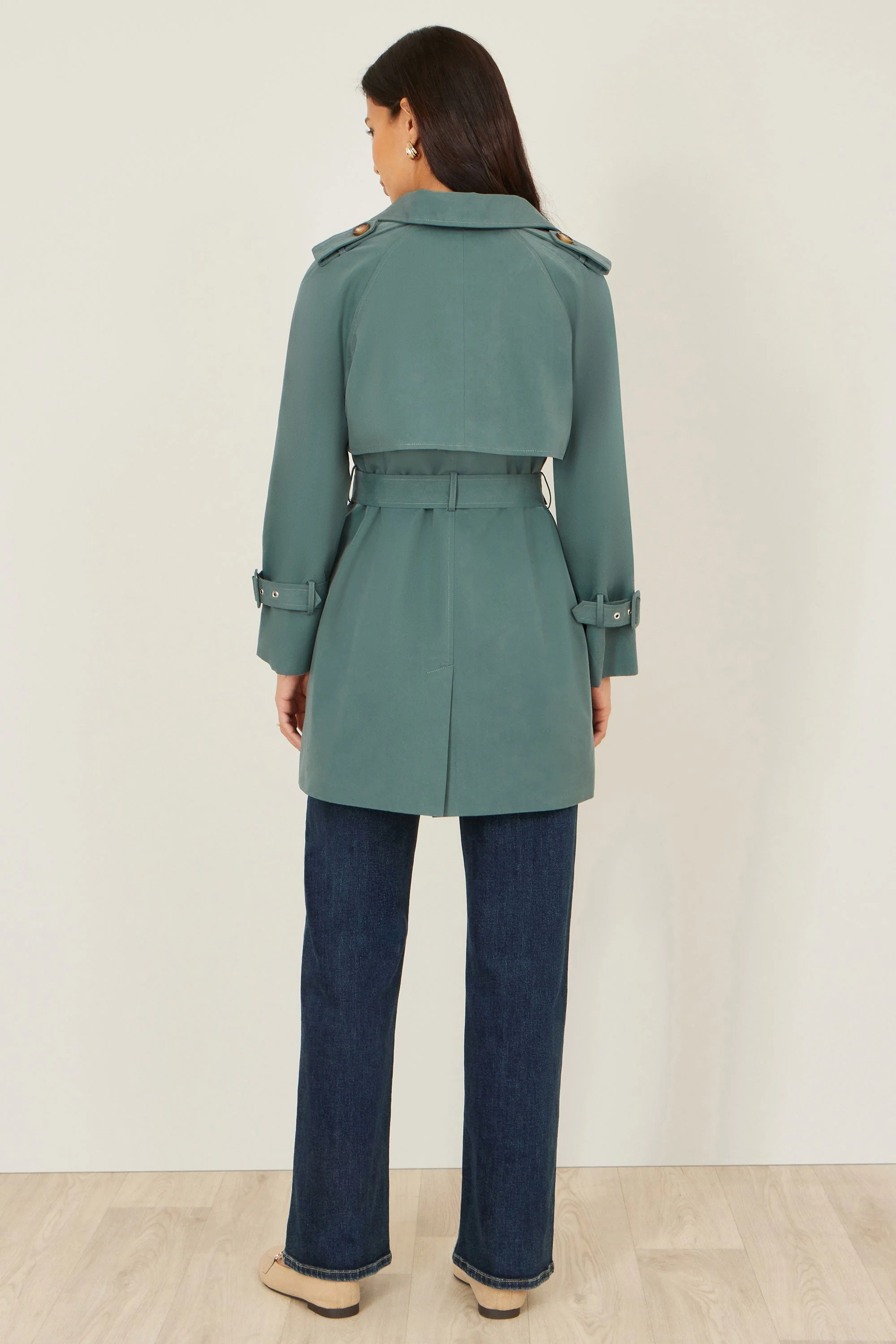 Yumi Blue Belted Trench Coat With Check Lining - Image 4
