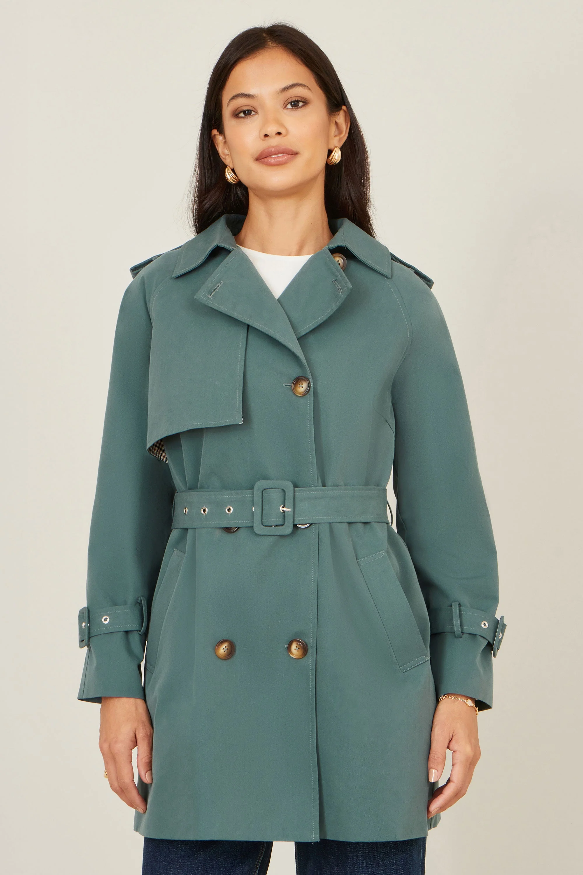 Yumi Blue Belted Trench Coat With Check Lining - Image 5