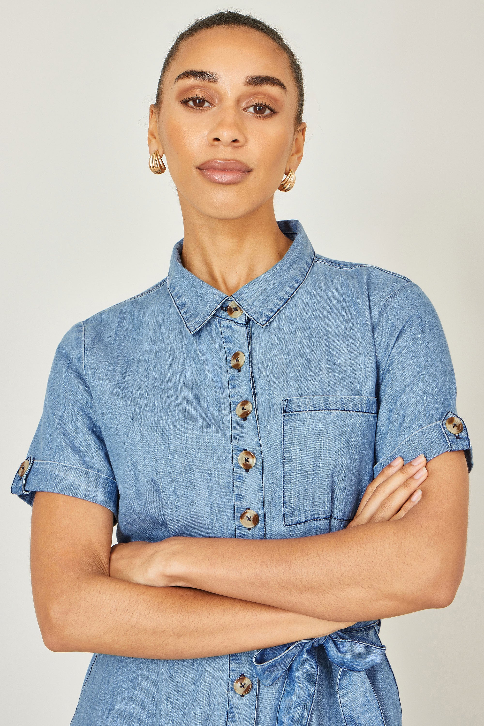 Yumi Blue Chambray Light Denim Button Jumpsuit - Image 2