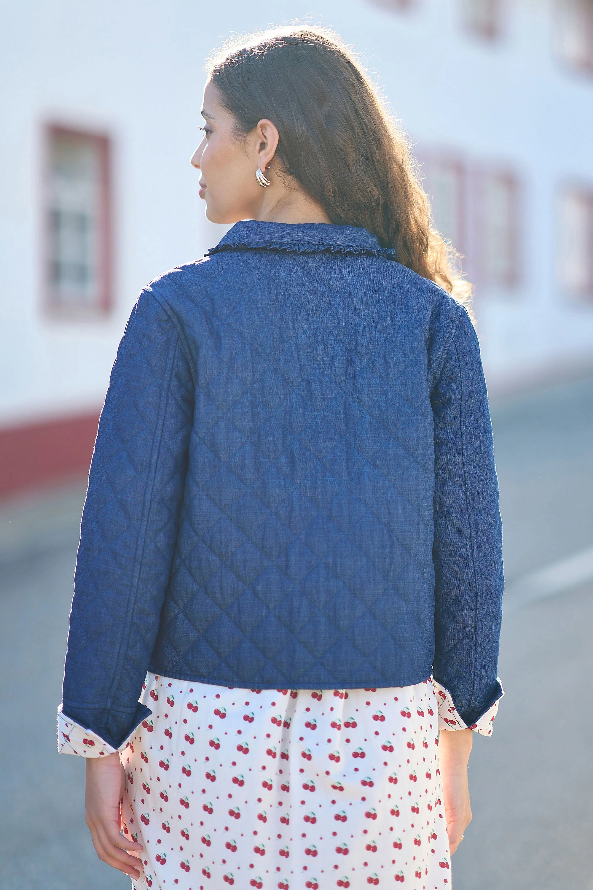 Yumi Blue Chambray Quilted Jacket With Cherry Lining - Image 5