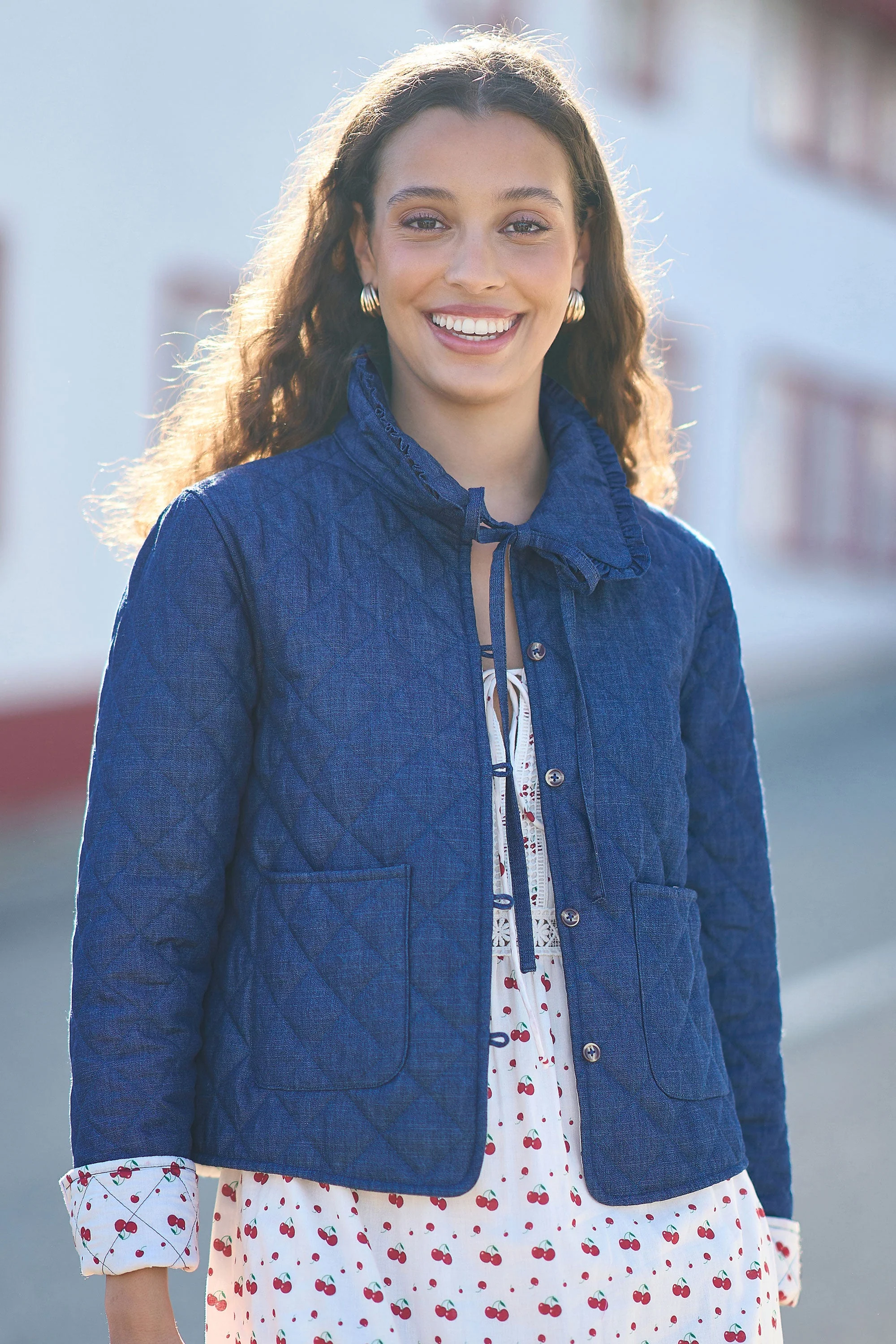 Yumi Blue Chambray Quilted Jacket With Cherry Lining - Image 6