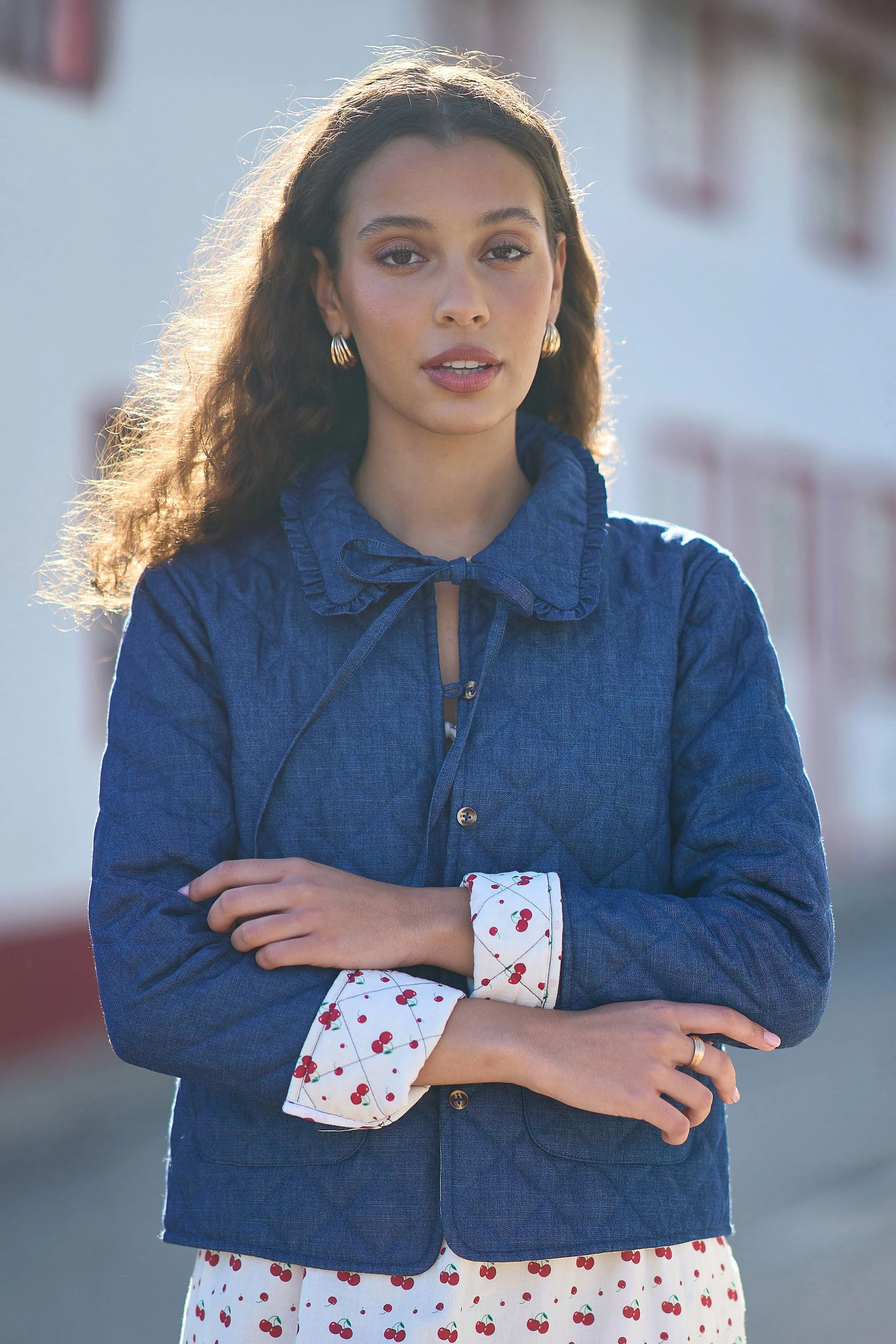 Yumi Blue Chambray Quilted Jacket With Cherry Lining - Image 8