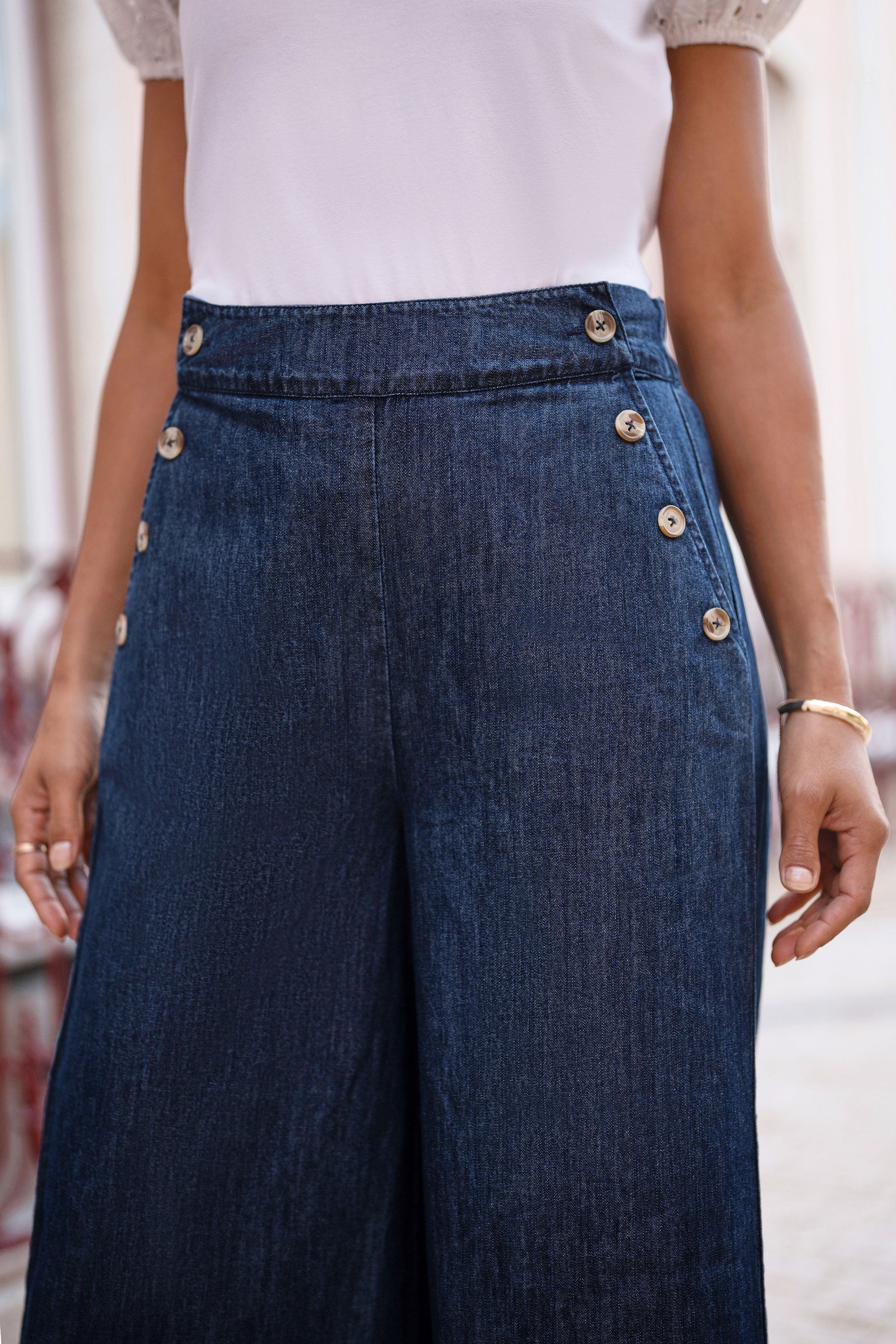 Yumi Blue Chambray Wide Leg Trousers With Button Details - Image 4