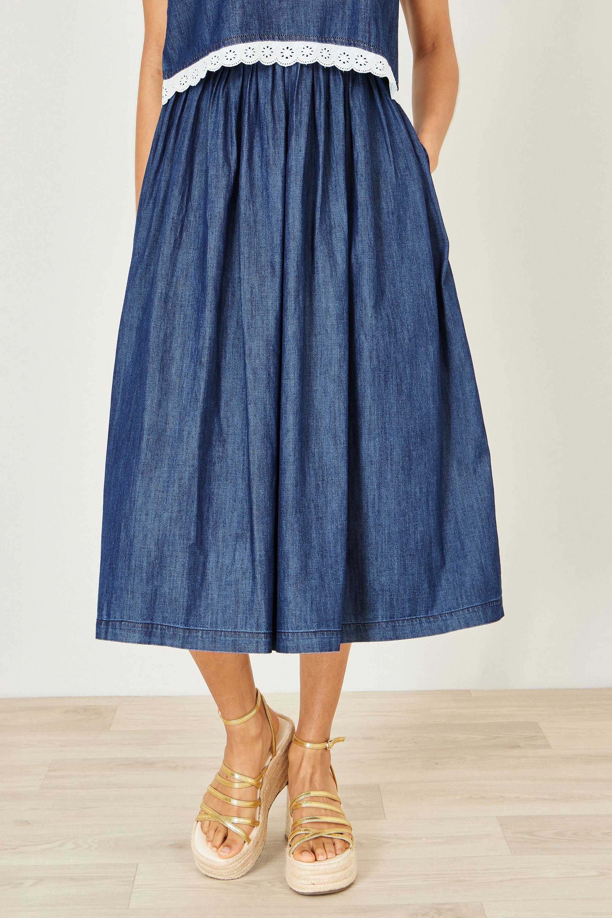 Yumi Blue Denim Chambray Gathered Midi Skirt - Image 2
