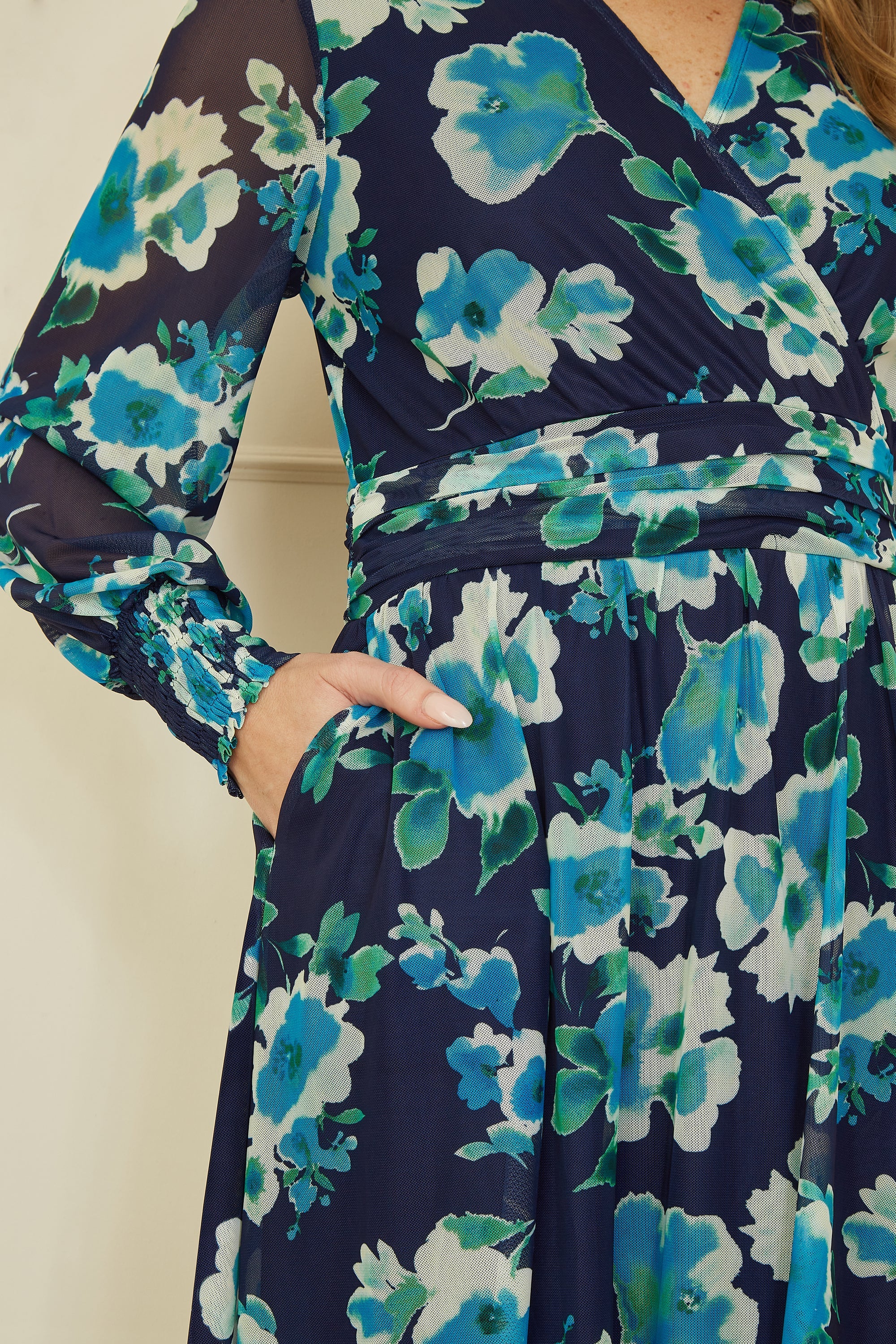 Yumi Blue Floral Mesh Wrap Dress With Long Sleeves - Image 3