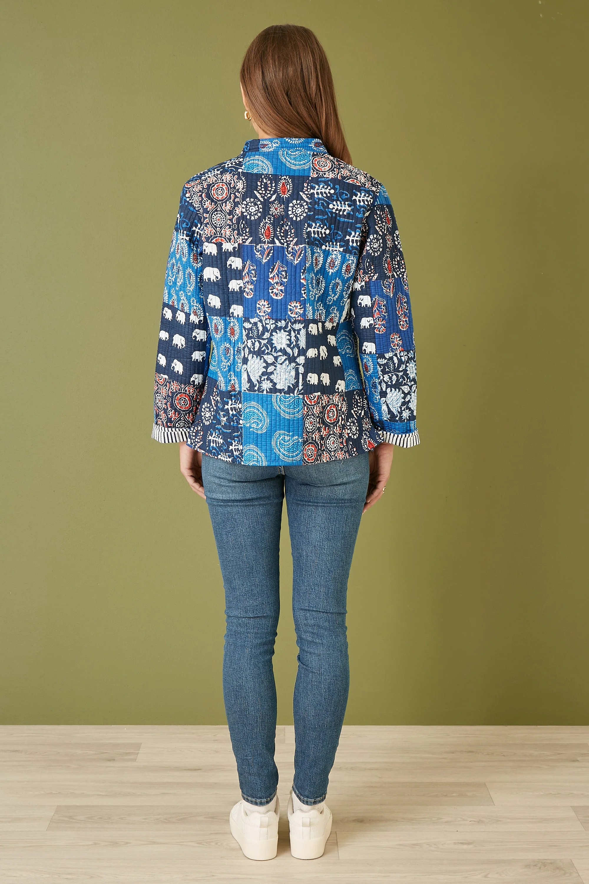 Yumi Blue Indian Patchwork Print Reversible Cotton Quilted Jacket - Image 2