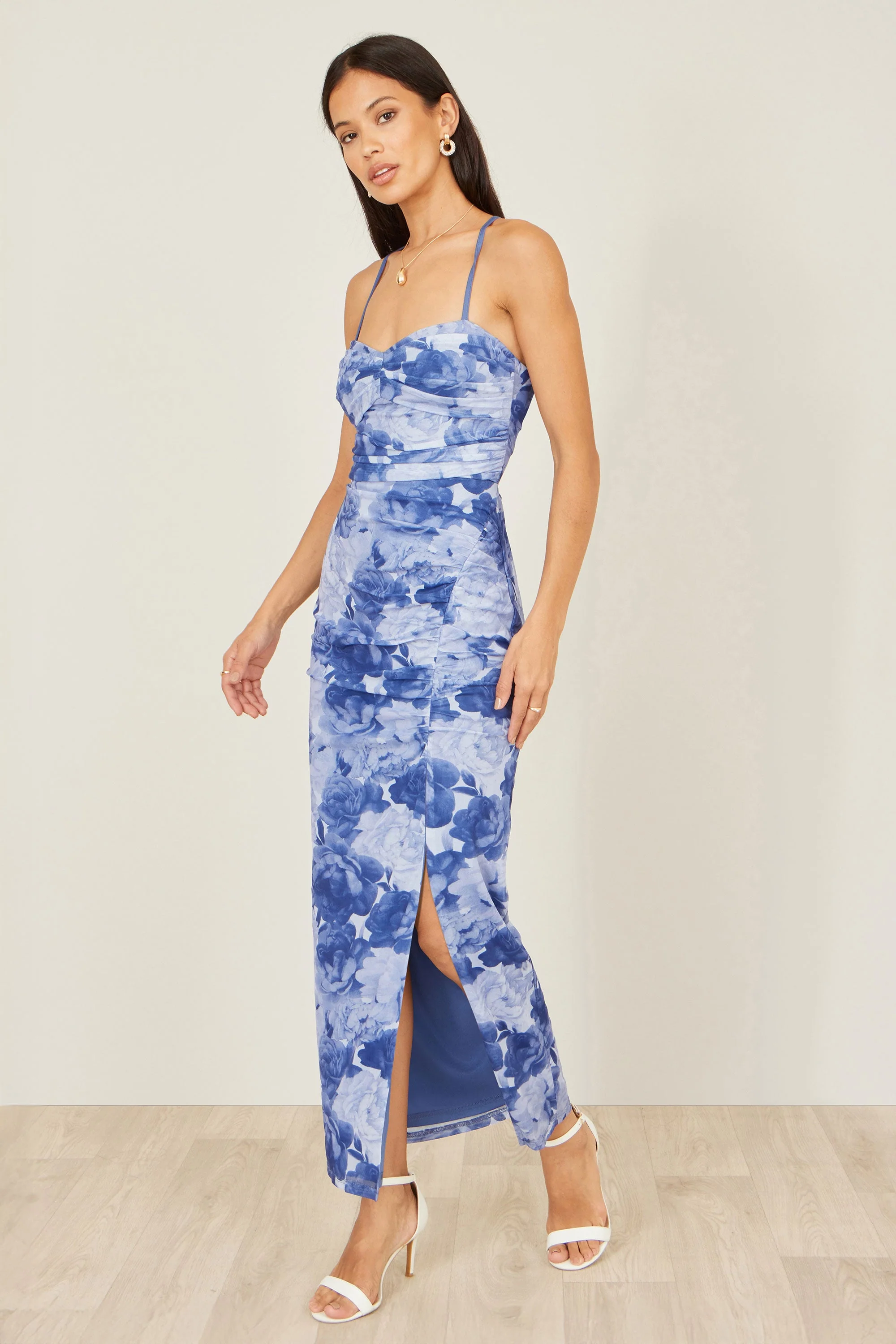 Yumi Blue Mesh Ruched Midi Dress With Split
