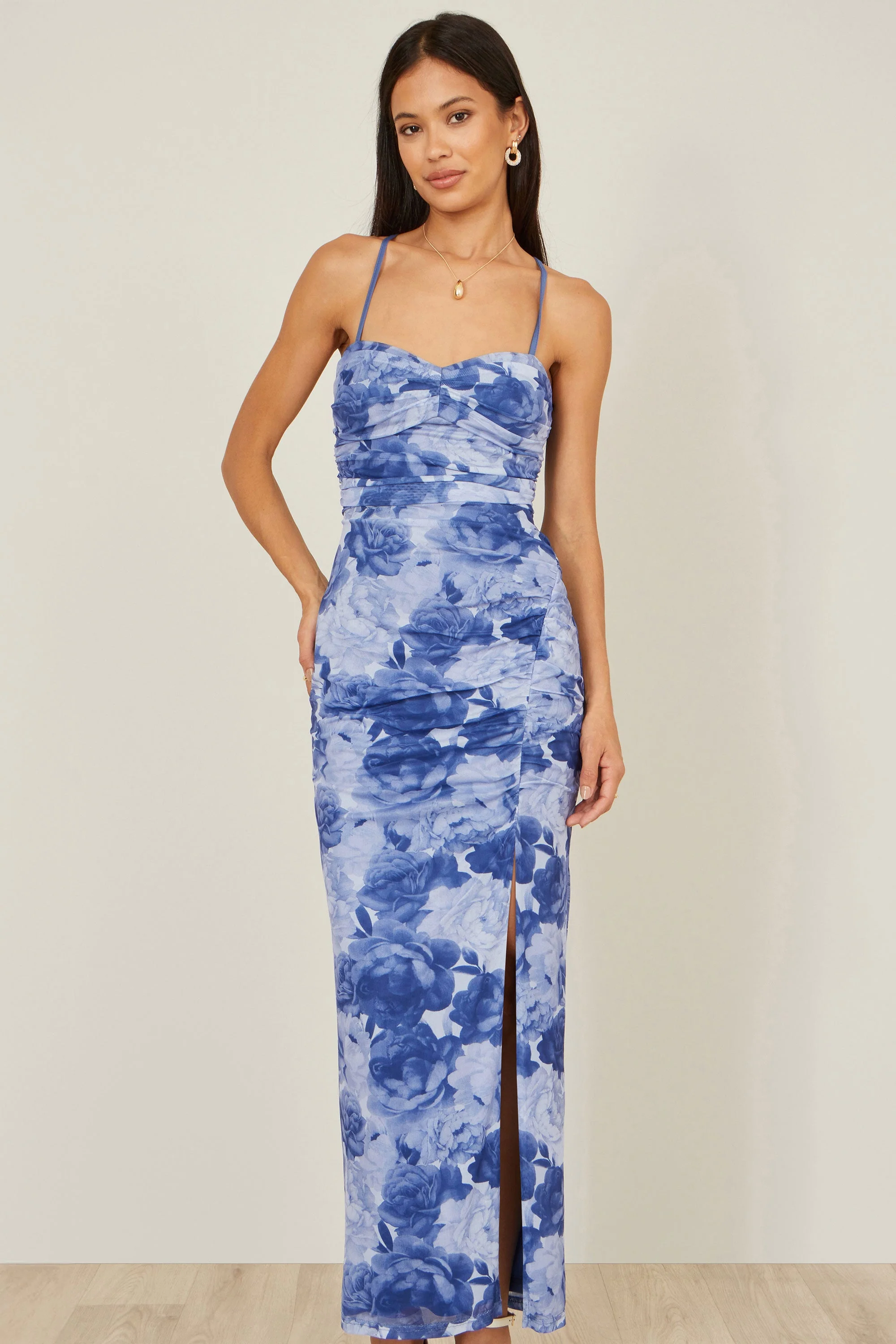 Yumi Blue Mesh Ruched Midi Dress With Split - Image 3