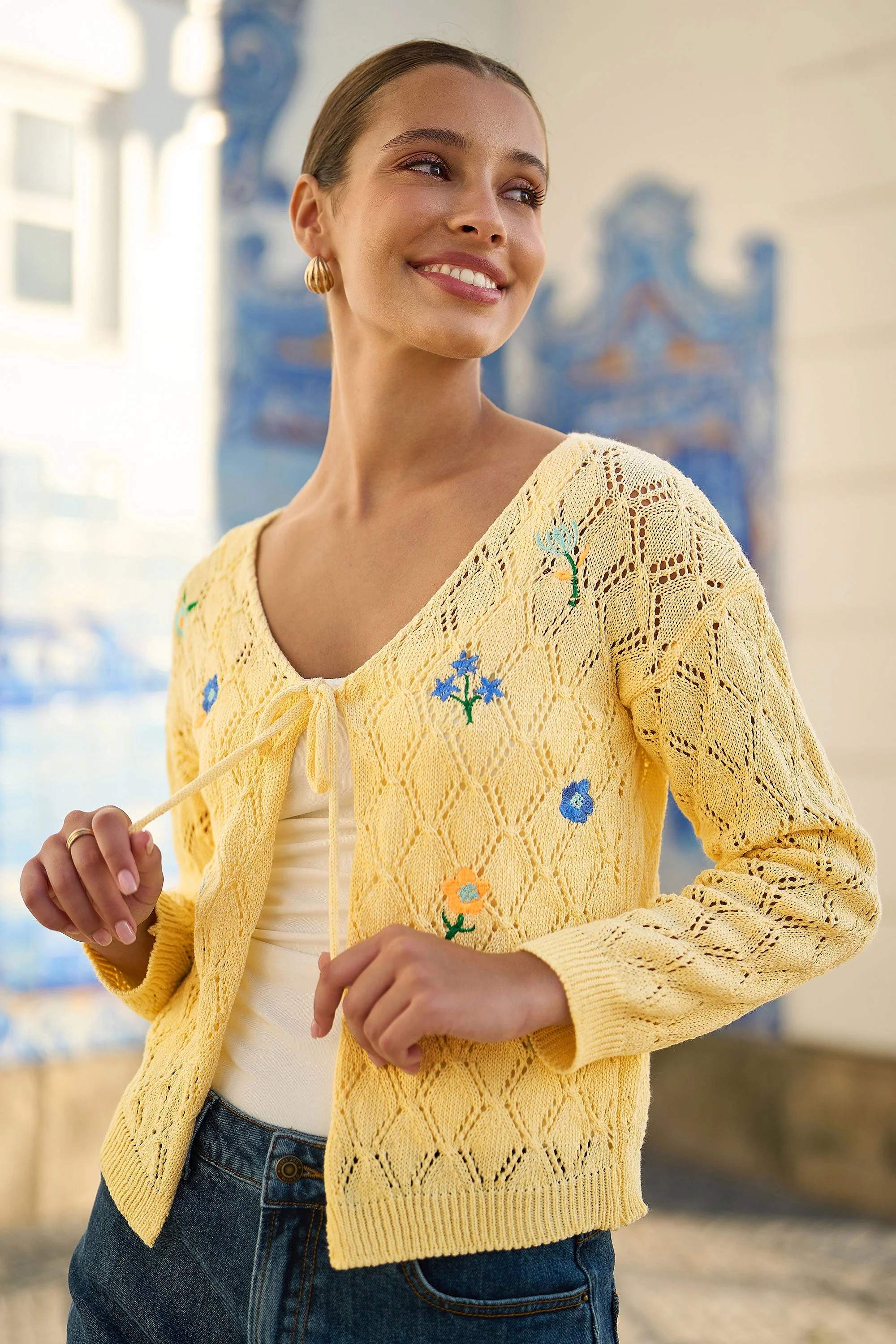 Yumi Butter Yellow Embroidered Pointelle Cardigan - Image 3