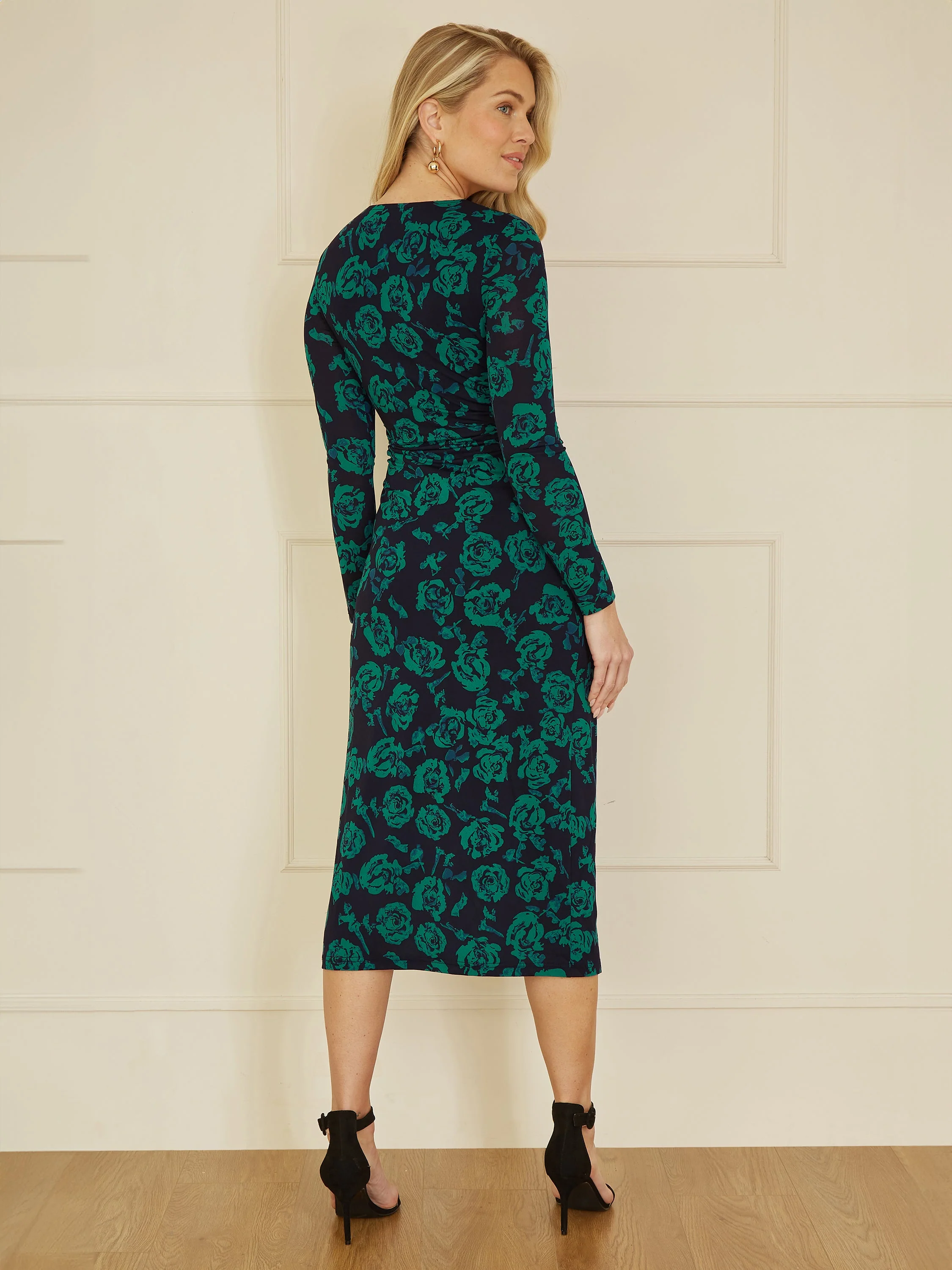 Yumi Green Floral Fitted Mesh Midi Dress With Long Sleeves - Image 4