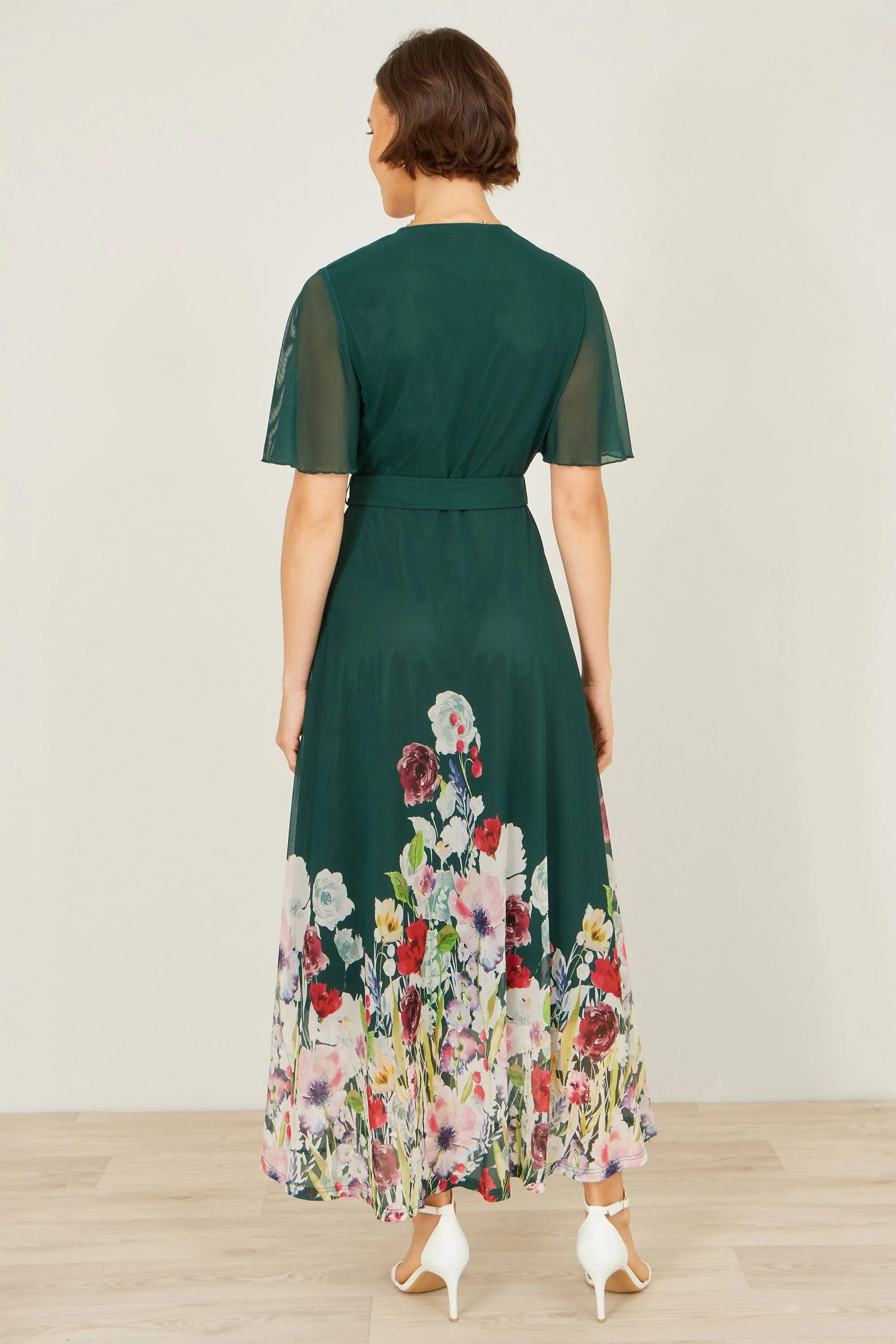 Yumi Green Mesh Wrap Midi Dress With Floral Hem Border - Image 5