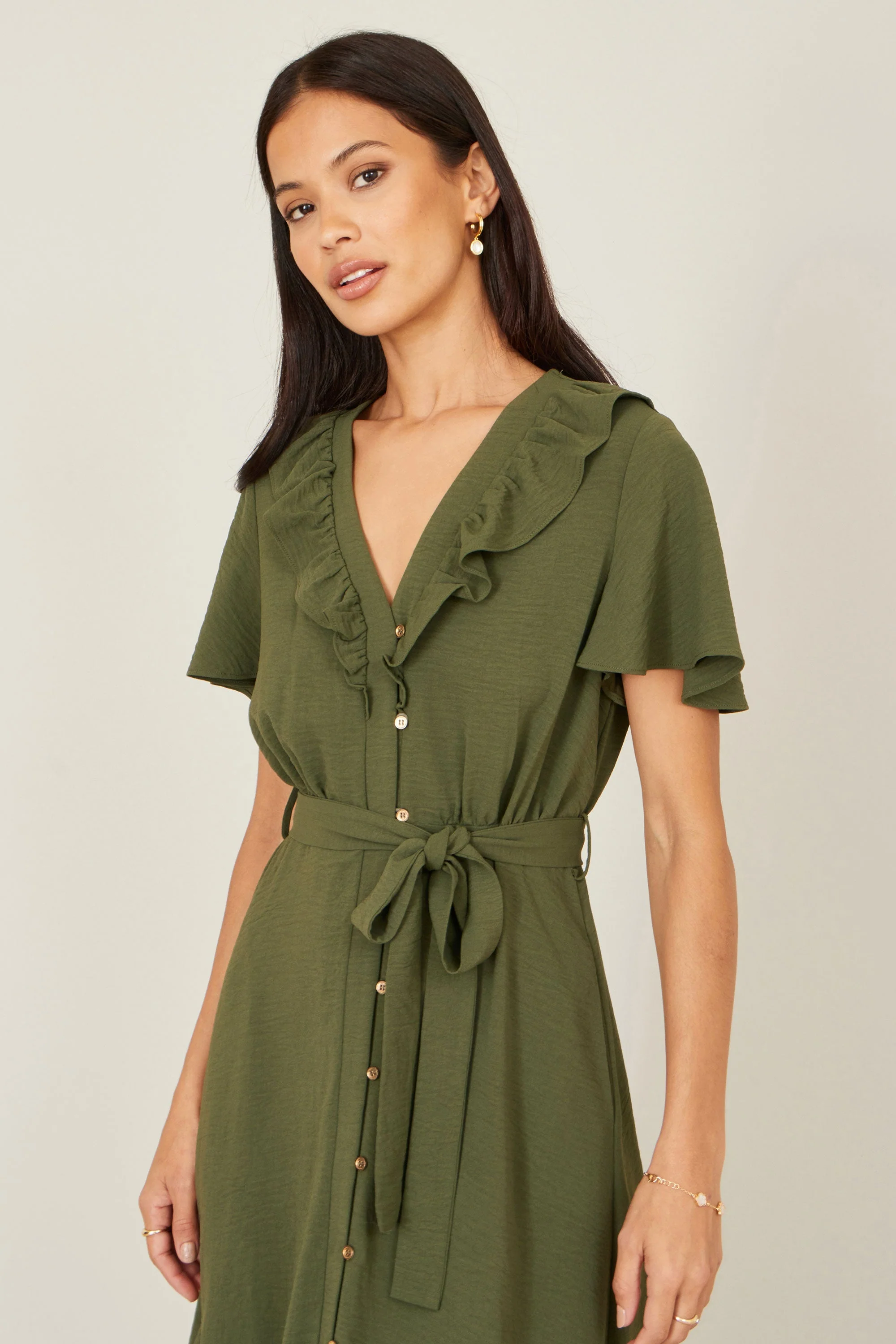 Yumi Green Ruffle Collar Midi Shirt Dress - Image 2